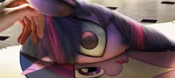 Size: 1441x646 | Tagged: artist:chryseum, derpibooru import, detailed, edit, fourth wall, hand, human, looking at you, lying down, paper, petting, realistic, safe, side, stuck, twilight sparkle, wide eyes