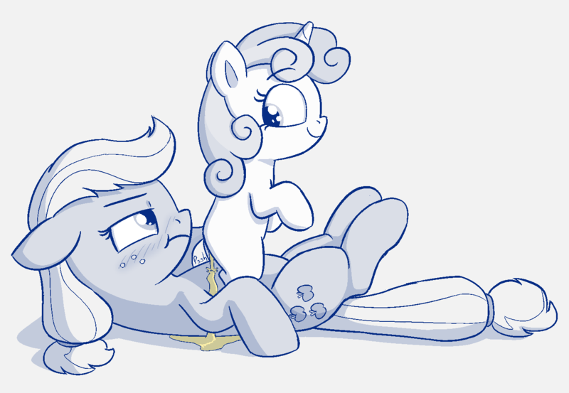 Size: 1455x1005 | Tagged: questionable, artist:heretichesh, derpibooru import, applejack, sweetie belle, earth pony, pony, unicorn, blushing, cute, drawthread, female, fetish, filly, foalcon, freckles, grumpy, hairband, innocent, lesbian, lying down, mare, on back, pissing, shipping, sitting, sitting on, sitting on person, sitting on pony, smiling, sweetiejack, underage, urine, watersports