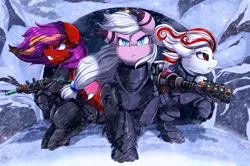 Size: 2620x1742 | Tagged: safe, artist:pridark, derpibooru import, oc, oc:bipen, unofficial characters only, earth pony, pony, fallout equestria, armor, badass, blizzard, blue eyes, commission, fallout, gun, power armor, purple eyes, red eyes, snow, snowfall, squad, storm, weapon