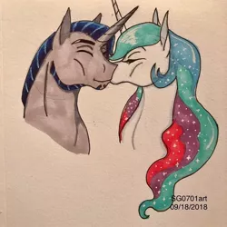 Size: 750x750 | Tagged: safe, artist:stargazerseven, derpibooru import, princess celestia, ponified, alicorn, pony, female, kissing, male, mare, optimus prime, stallion, straight, traditional art, transformers