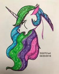 Size: 1080x1350 | Tagged: safe, artist:stargazerseven, derpibooru import, princess celestia, alicorn, pony, ethereal mane, eyes closed, female, mare, missing accessory, open mouth, solo, starry mane, traditional art