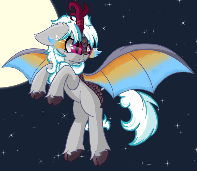 Size: 5200x4500 | Tagged: safe, artist:windy-pony, derpibooru import, oc, oc:windshear, kirin, bat kirin, female, flying, moon, nirik fire, solo