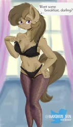 Size: 2340x4096 | Tagged: suggestive, artist:maximus, derpibooru import, oc, oc:dawnsong, anthro, earth pony, bedroom eyes, black underwear, bra, breasts, clothes, fishnets, lingerie, looking at you, panties, solo, underwear