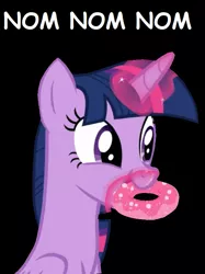 Size: 583x781 | Tagged: safe, artist:twilyisbestpone, derpibooru import, twilight sparkle, twilight sparkle (alicorn), alicorn, pony, the ending of the end, adorkable, black background, caption, comic sans, cute, donut, dork, eating, female, food, glowing horn, horn, levitation, magic, mare, nom, simple background, sitting, solo, telekinesis, text, twiabetes, vector