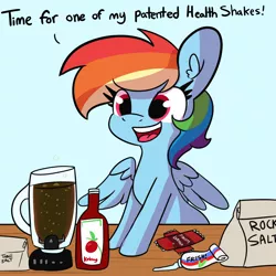 Size: 1800x1800 | Tagged: safe, artist:tjpones, derpibooru import, rainbow dash, pegasus, pony, blender (object), blue background, female, food, ketchup, mare, salt, sauce, simple background, solo, this will end in diarrhea, this will end in hospitalization, this will end in tears, this will not end well, too dumb to live, toothpaste, white background