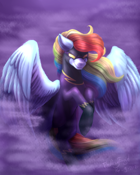 Size: 4000x5000 | Tagged: safe, artist:themessyfangirl, derpibooru import, rainbow dash, pegasus, pony, clothes, costume, female, flowing mane, fog, mare, nightmare night costume, redraw, shadowbolt dash, shadowbolts costume, signature, sinister smile, solo
