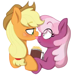 Size: 882x902 | Tagged: safe, artist:unoriginai, derpibooru import, applejack, cheerilee, :p, apple cider, blushing, cheerijack, cute, female, lesbian, shipping, simple background, tongue out, transparent background