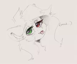 Size: 1230x1014 | Tagged: safe, artist:kebchach, derpibooru import, oc, unofficial characters only, pony, bust, cheek fluff, chest fluff, ear fluff, floppy ears, forked tongue, heterochromia, meh, sketch, solo, tired, tongue out