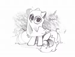 Size: 2048x1536 | Tagged: safe, artist:kebchach, derpibooru import, oc, unofficial characters only, bat pony, pegasus, pony, boo, clothes, costume, crescent moon, ghost costume, gravestone, graveyard, grayscale, halloween, halloween costume, holiday, monochrome, moon, pumpkin, sitting, sketch, solo, speedpaint available
