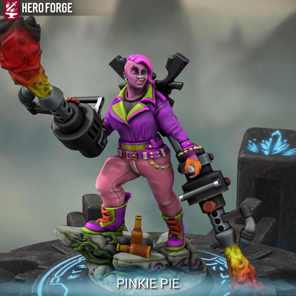 Size: 768x768 | Tagged: safe, derpibooru import, pinkie pie, human, 3d, beer bottle, bottle, clothes, flamethrower, gloves, gun, hero forge, humanized, image, nose piercing, nose ring, pants, piercing, png, rock, shotgun, weapon