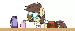 Size: 1024x420 | Tagged: safe, artist:bobthedalek, derpibooru import, oc, oc:calpain, unofficial characters only, earth pony, pony, clothes, coffee, goggles, kettle, lab coat, mouth hold, mug, simple background, solo, spoon, white background