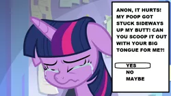 Size: 1280x720 | Tagged: suggestive, derpibooru import, edit, edited screencap, screencap, twilight sparkle, twilight sparkle (alicorn), alicorn, pony, the ending of the end, caption, crying, floppy ears, image macro, implied analingus, implied oral, implied scat, implied sex, op needs to stop, solo, text