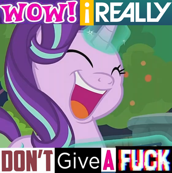 Size: 736x740 | Tagged: safe, derpibooru import, starlight glimmer, memnagerie, spoiler:memnagerie, caption, expand dong, exploitable meme, image macro, meme, no fucks, reaction image, starlight glimmer is best pony, text, vulgar, wow! glimmer