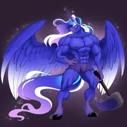 Size: 2048x2048 | Tagged: suggestive, artist:ponyanony, derpibooru import, oc, oc:goliath moon, unofficial characters only, alicorn, anthro, pony, unguligrade anthro, abs, alicorn oc, biceps, bodybuilder, clothes, dark background, deltoids, glowing mane, glowing tail, glowing wings, hammer, horn, large wings, looking at you, male, male nipples, muscles, partial nudity, pecs, shorts, solo, solo male, stallion, topless, unshorn fetlocks, wings