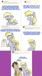 Size: 1502x2721 | Tagged: safe, artist:taffytwist, derpibooru import, derpy hooves, doctor whooves, time turner, earth pony, pegasus, pony, lovestruck derpy, ask, dialogue, duo, female, implied time travel, male, mare, necktie, paper, stallion, tumblr comic