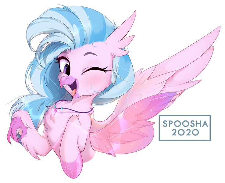 Size: 2498x2030 | Tagged: safe, artist:spoosha, derpibooru import, silverstream, classical hippogriff, hippogriff, seapony (g4), bust, cute, diastreamies, female, fins, freckles, mid-transformation, one eye closed, open mouth, seapony silverstream, simple background, solo, transformation, white background, wings, wink