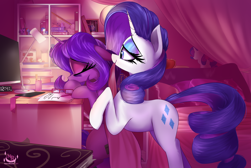 Size: 4292x2880 | Tagged: safe, artist:nevobaster, derpibooru import, applejack, fluttershy, pinkie pie, rainbow dash, rarity, twilight sparkle, twilight sparkle (alicorn), oc, alicorn, pony, unicorn, bed, bedroom, blanket, book, bookshelf, canon x oc, clock, computer screen, desk, female, figurine, glasses, hug, hug from behind, implied applejack, implied fluttershy, implied pinkie pie, implied rainbow dash, implied rarity, implied twilight sparkle, keyboard, lamp, lesbian, mare, notes, pillow, plushie, shipping, sleepy