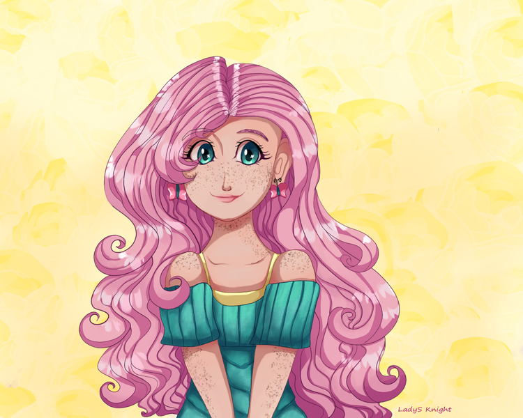 Size: 1280x1024 | Tagged: safe, artist:theladysknight, derpibooru import, fluttershy, human, alternate hairstyle, clothes, cute, dress, ear piercing, earring, female, freckles, humanized, jewelry, lipstick, makeup, piercing, shyabetes, solo