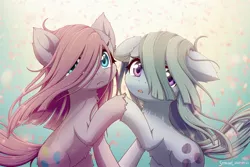 Size: 2400x1600 | Tagged: safe, artist:symbianl, derpibooru import, marble pie, pinkie pie, earth pony, pony, :<, cheek fluff, cute, dawwww, diapinkes, duo, female, floppy ears, fluffy, holding hooves, leg fluff, marblebetes, neck fluff, open mouth, petals, pie sisters, pinkamena diane pie, siblings, sisters, straight hair, twins