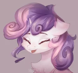 Size: 4000x3772 | Tagged: safe, artist:melloncollie-chan, derpibooru import, sweetie belle, pony, unicorn, blushing, bust, chest fluff, cute, diasweetes, eyes closed, female, fluffy, happy, portrait, simple background, solo, tongue out