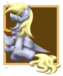 Size: 1359x1638 | Tagged: safe, artist:thebenalpha, derpibooru import, derpy hooves, pegasus, pony, ear fluff, eating, food, happy, muffin, simple background, sitting, transparent background, wings