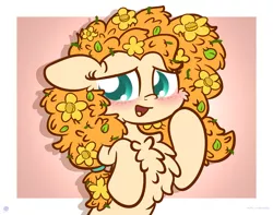 Size: 3250x2560 | Tagged: safe, artist:kimjoman, derpibooru import, pear butter, earth pony, pony, bipedal, blushing, chest fluff, cute, female, flower, flower in hair, mare, messy mane, open mouth, pearabetes, raised hoof, solo