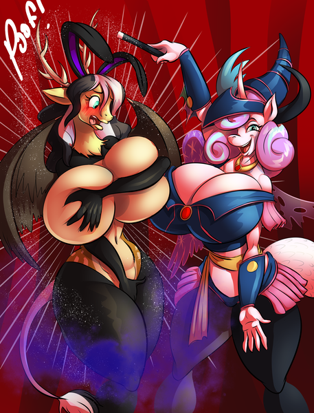 Size: 3075x4035 | Tagged: anthro, artist:thebigbadwolf01, big breasts, breasts, bunny ears, bunny suit, busty flurry heart, clothes, commission, covering breasts, dark magician girl, derpibooru import, draconequified, draconequus, draconequus oc, huge breasts, hyper, hyper breasts, impossibly large breasts, magic, magic act, magic show, oc, oc:titania, older, older flurry heart, princess flurry heart, questionable, reverse bunny suit, series:creature-verse, species swap, stage, wardrobe malfunction