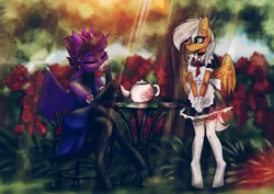 Size: 1908x1348 | Tagged: safe, artist:choco_pie, derpibooru import, oc, oc:cassiopeia, oc:takhisis, unofficial characters only, alicorn, anthro, pegasus, unguligrade anthro, unicorn, alicorn oc, blurred background, chair, choker, clothes, collar, couple, crossed legs, cup, cute, dragon wings, dress, duo, eyes closed, flower, food, garden, gloves, green eyes, horn, maid, mistress, nature, purple fur, rose, servant, socks, stockings, table, tea, teapot, thigh highs, white mane, wings
