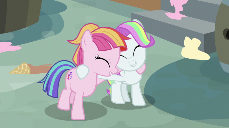 Size: 1280x720 | Tagged: safe, derpibooru import, screencap, coconut cream, toola roola, earth pony, pony, fame and misfortune, season 7, ^^, cute, duo, duo female, eyes closed, female, filly, foal, happy, hug, image, multicolored mane, multicolored tail, png, roolabetes, smiling, tail