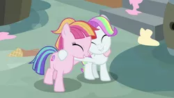 Size: 1280x720 | Tagged: safe, derpibooru import, screencap, coconut cream, toola roola, earth pony, pony, fame and misfortune, season 7, ^^, cute, duo, duo female, eyes closed, female, filly, foal, happy, hug, image, multicolored mane, multicolored tail, png, roolabetes, smiling, tail