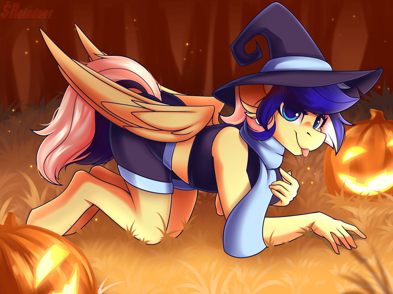 Size: 2000x1500 | Tagged: safe, artist:shadowreindeer, derpibooru import, oc, oc:animatedpony, unofficial characters only, anthro, pegasus, unguligrade anthro, clothes, commission, female, halloween, hat, holiday, jack-o-lantern, pumpkin, scarf, solo, tongue out, witch hat, your character here