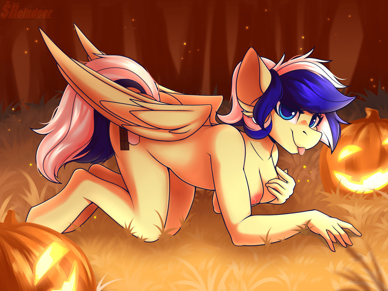 Size: 2000x1500 | Tagged: questionable, alternate version, artist:darkreindeer, derpibooru import, oc, oc:animatedpony, anthro, pegasus, unguligrade anthro, areola, breasts, commission, female, grass, halloween, hand on breast, holiday, nipples, nudity, pumpkin, solo, solo female, tongue out, tree, your character here