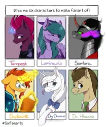 Size: 1080x1290 | Tagged: safe, artist:sugar0612, derpibooru import, doctor whooves, king sombra, sunburst, tempest shadow, time turner, oc, oc:day dreamer, oc:luminauris, dracony, dragon, earth pony, hybrid, pony, unicorn, six fanarts, :p, book, bow, broken horn, bust, curved horn, eyes closed, female, glasses, glowing horn, hair bow, horn, magic, male, mare, smiling, sombra eyes, sparking horn, stallion, telekinesis, tongue out, unicorn oc