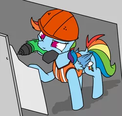 Size: 1400x1331 | Tagged: safe, artist:dacaoo, derpibooru import, rainbow dash, pegasus, pony, drill, female, helmet, mare, mouth hold, safety vest, solo