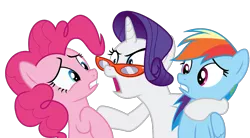 Size: 1334x736 | Tagged: safe, artist:sollace, derpibooru import, pinkie pie, rainbow dash, rarity, earth pony, pegasus, pony, unicorn, rarity takes manehattan, .svg available, bipedal, glasses, looking at you, looking away, open mouth, raised eyebrow, rarity's glasses, simple background, svg, transparent background, trio, vector