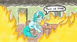 Size: 1024x554 | Tagged: safe, artist:rainspeak, derpibooru import, oc, oc:rainspeak, pony, unicorn, coffee mug, fire, meme, mug, smoke, solo, this is fine