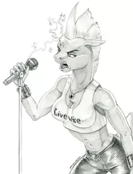 Size: 1000x1312 | Tagged: safe, artist:baron engel, derpibooru import, tempest shadow, anthro, unguligrade anthro, unicorn, breasts, busty tempest shadow, clothes, female, grayscale, heavy metal, leather pants, microphone, monochrome, open mouth, pants, pencil drawing, rock and roll, singing, solo, traditional art