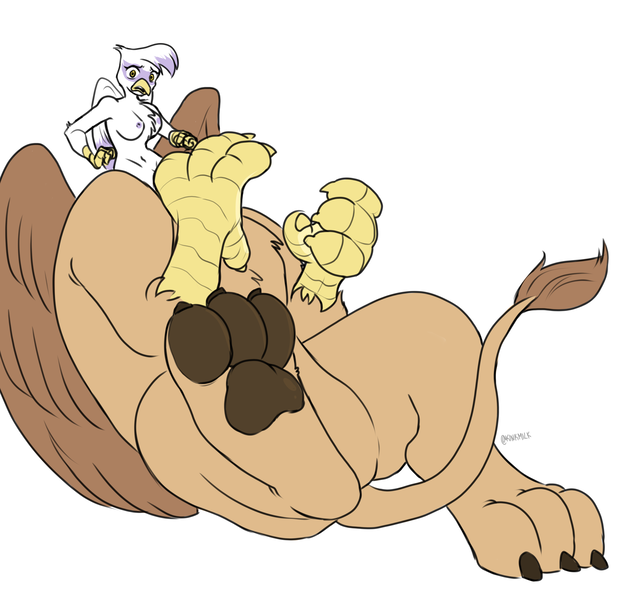 Size: 2500x2400 | Tagged: questionable, artist:kinkmilk, derpibooru import, gilda, griffon centaur, taur, breasts, discord's corruption, feet, fetish, freaked out, gryphontaur, nipples, nudity, paw fetish, paws, post-transformation, solo, underpaw