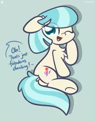 Size: 2560x3250 | Tagged: safe, artist:kimjoman, derpibooru import, coco pommel, earth pony, pony, blue background, butt, chest fluff, cocobetes, cute, dock, ear fluff, female, hatbutt, mare, missing accessory, one eye closed, open mouth, plot, simple background, solo, underhoof, wink