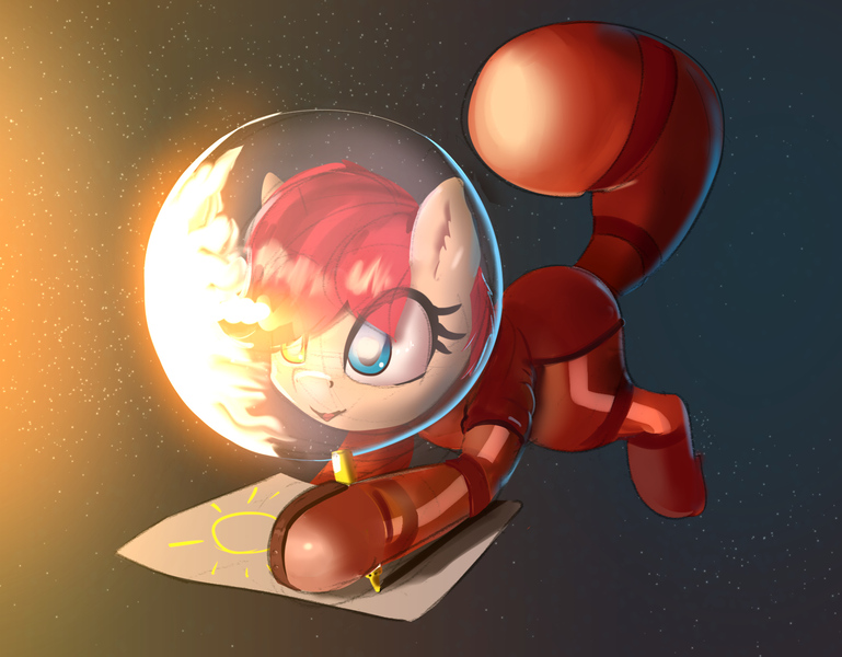 Size: 1740x1358 | Tagged: safe, artist:xbi, derpibooru import, oc, oc:rusty gears, unofficial characters only, earth pony, pony, drawing, solo, space, space pony, spacesuit, sun, tabun art-battle, tabun art-battle cover