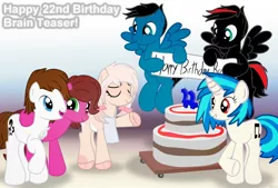 Size: 6894x4668 | Tagged: safe, artist:agkandphotomaker2000, derpibooru import, vinyl scratch, oc, oc:arnold the pony, oc:brain teaser, oc:daisy cakes, oc:pony video maker, oc:rose bloom, deer, deer pony, earth pony, original species, pegasus, pony, unicorn, banner, birthday, birthday cake, birthday card, brainbloom, cake, candle, canon x oc, cart, female, flying, food, male, oc x oc, red and black mane, red and black oc, shipping, show accurate, simple background, straight, videoscratch