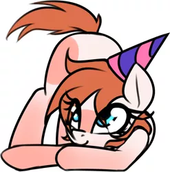 Size: 1382x1401 | Tagged: safe, artist:jetwave, derpibooru import, oc, oc:chip breeze, unofficial characters only, pegasus, pony, cute, face down ass up, female, hat, looking up, mare, party hat, playful, simple background, smiling, solo, white background