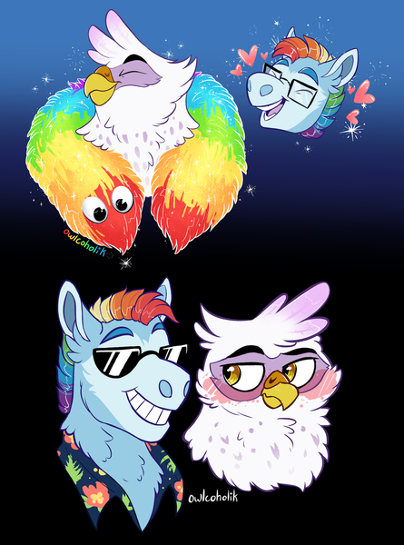 Size: 1500x2023 | Tagged: safe, artist:owlcoholik, derpibooru import, hippogriff, pony, blushing, feather boa, interspecies offspring, magical lesbian spawn, offspring, parent:gilda, parent:rainbow dash, parents:gildash, sunglasses