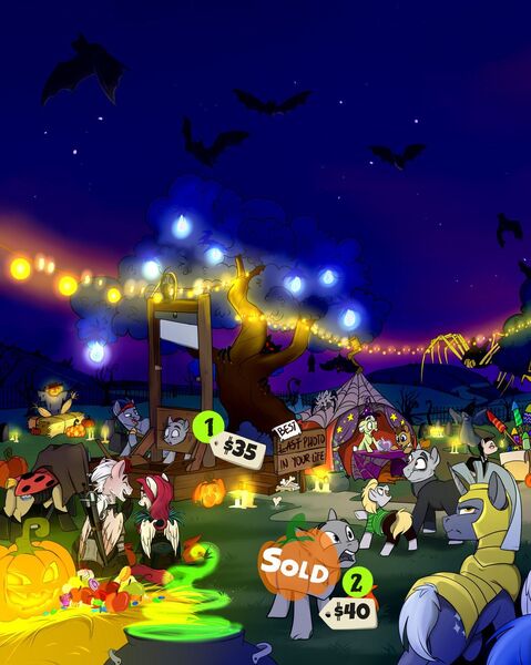 Size: 1280x1603 | Tagged: safe, artist:rutkotka, derpibooru import, doctor whooves, granny smith, time turner, bat, ghost, pegasus, spider, undead, unicorn, bone, candle, candy, cauldron, commission, fireworks, food, funny, gravestone, guillotine, halloween, hay bale, holiday, jack-o-lantern, night, night sky, nightmare night, open, pumpkin, scarecrow, sky, slots, sword, tree, uncle fester, weapon, your character here