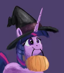 Size: 1120x1287 | Tagged: safe, artist:dummyhorse, derpibooru import, twilight sparkle, pony, unicorn, bust, clothes, costume, female, halloween, halloween costume, hat, holiday, horn, long horn, mare, mouth hold, pumpkin, pumpkin bucket, purple background, simple background, smiling, solo, three quarter view, unicorn twilight, witch hat