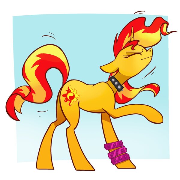 Size: 2048x2048 | Tagged: safe, artist:pfeffaroo, derpibooru import, sunset shimmer, pony, unicorn, bracelet, choker, dancing, eyes closed, female, floppy ears, high res, jewelry, mare, profile, punk, punkset shimmer, raised hoof, solo, spiked choker