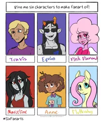 Size: 1700x2000 | Tagged: safe, artist:ramerooni, derpibooru import, fluttershy, human, pegasus, pony, six fanarts, adventure time, amphibia, anne boonchuy, bust, clothes, crossover, dark skin, equius zahhak, female, homestuck, male, marceline, mare, pink diamond (steven universe), sally face, smiling, steven universe, sunglasses, travis phelps, troll (homestuck)