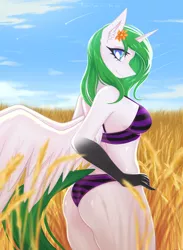 Size: 2818x3840 | Tagged: alicorn, alicorn oc, anthro, artist:taleriko, bra, breasts, butt, clothes, derpibooru import, flower, flower in hair, horn, oc, oc:princess margarita, panties, rcf community, striped underwear, suggestive, underwear, wings