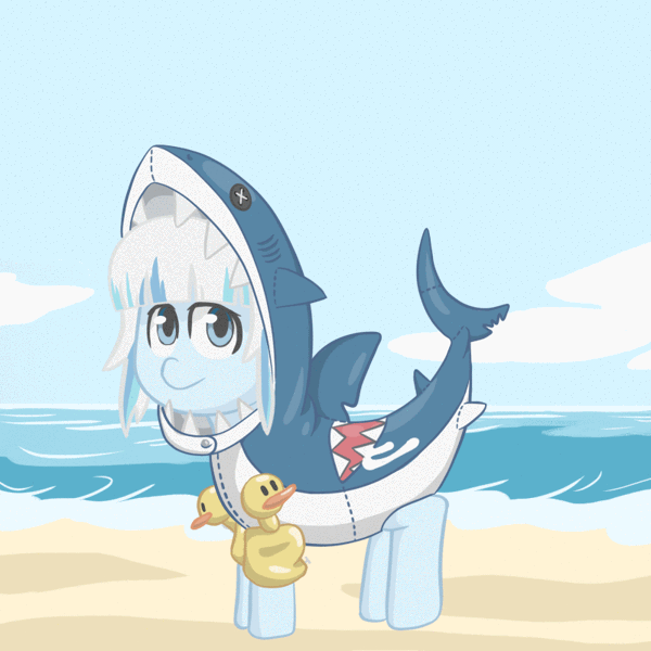 Size: 800x800 | Tagged: safe, artist:shrimpshogun, derpibooru import, oc, oc:gawr gura, ponified, original species, pony, shark, shark pony, animated, beach, gawr gura, gif, hololive, hololive eng, images you can hear, ocean, open mouth, sand, shark costume, solo, text, vtuber, water wings