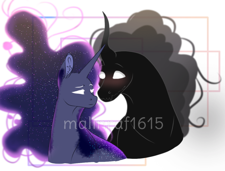 Size: 1110x841 | Tagged: safe, artist:malinraf1615, derpibooru import, pony of shadows, tantabus, pony, unicorn, blushing, ear fluff, ethereal mane, male, shipping, simple background, starry mane, tantashadow, transparent background, watermark